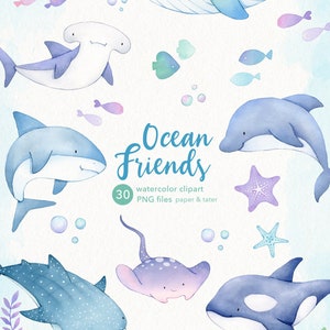 Whales and Sharks Watercolor Clipart, Cute Ocean Animals PNG image 7