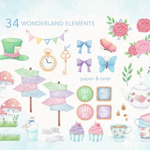 Alice in Wonderland Watercolor Clipart, Tea Party, Alice PNG image 3