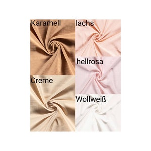 May include: Four fabric swatches in different colors: caramel, salmon, light pink, and cream. The swatches are labeled with the German words for each color.