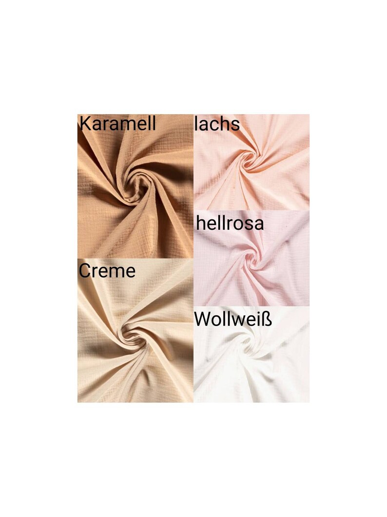 May include: Four fabric swatches in different colors: caramel, salmon, light pink, and cream. The swatches are labeled with the German words for each color.