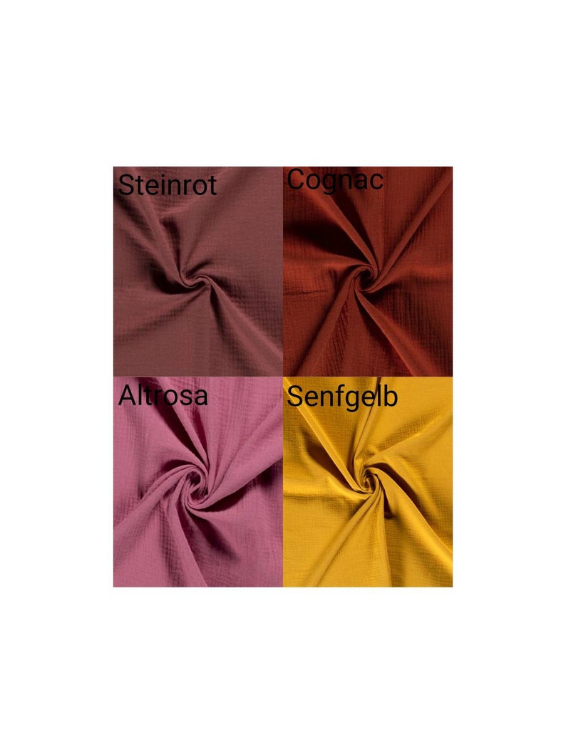 May include: Four fabric swatches in different colors:  Steinrot (burgundy), Cognac (brown), Altrose (pink), and Senfgelb (yellow).