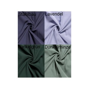 May include: Four fabric swatches in different colors: steel blue, lavender, dark green, and dark mint. The swatches are arranged in a 2x2 grid with the color names written above each swatch.