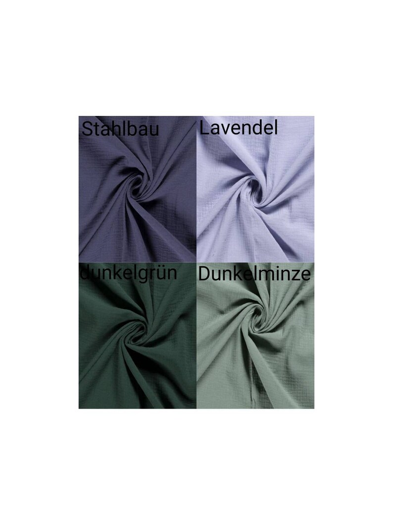 May include: Four fabric swatches in different colors: steel blue, lavender, dark green, and dark mint. The swatches are arranged in a 2x2 grid with the color names written above each swatch.