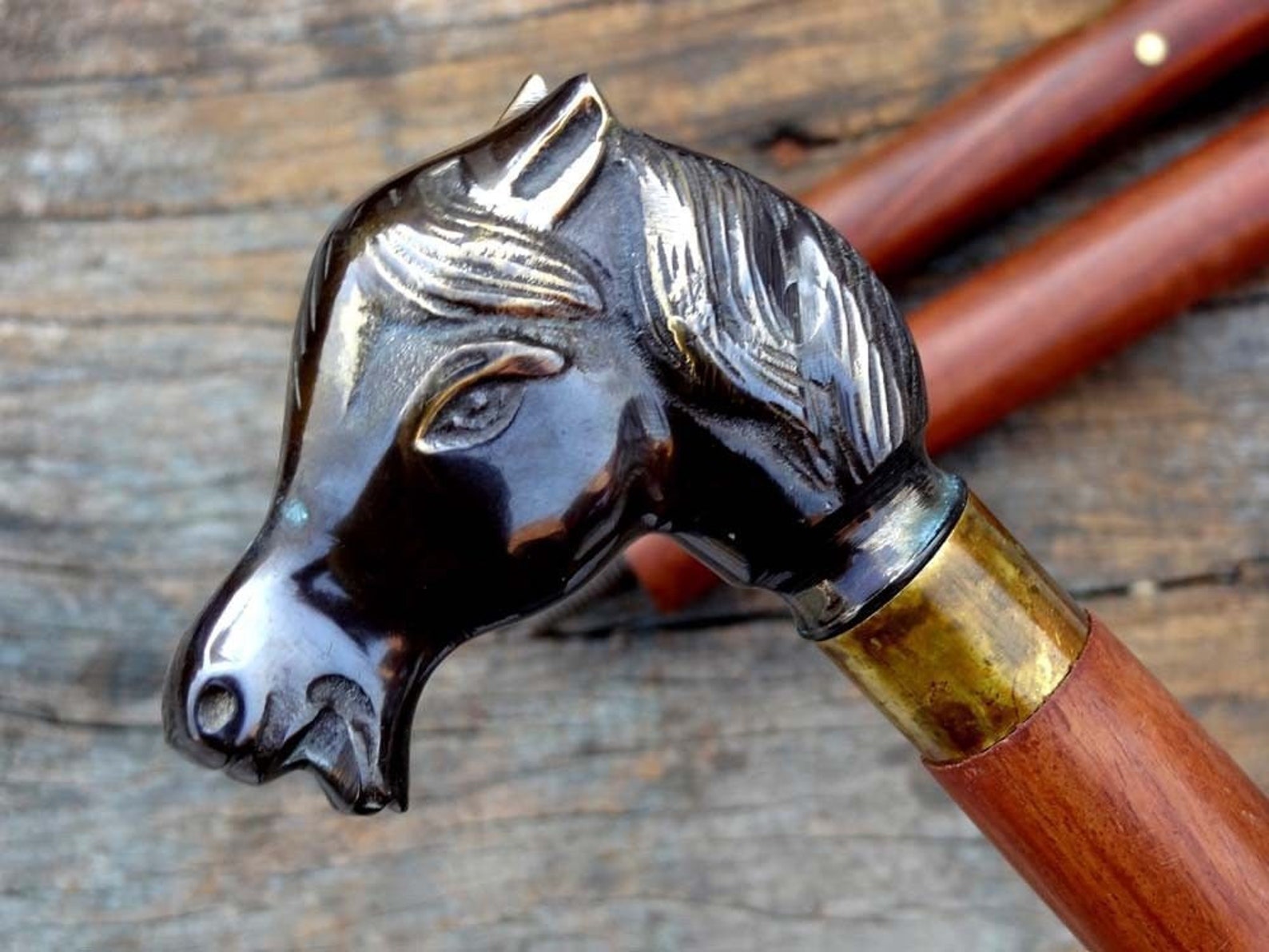 Designer Brass Horse Head Handle Wooden Style Cane Walking Etsy