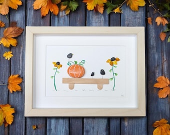Fall Pumpkin and Birds Pebble & Sea Glass Art, Autumn Home Decor Pumpkin, Cute Halloween Wall Art, Rustic Fall Home Wall Decor