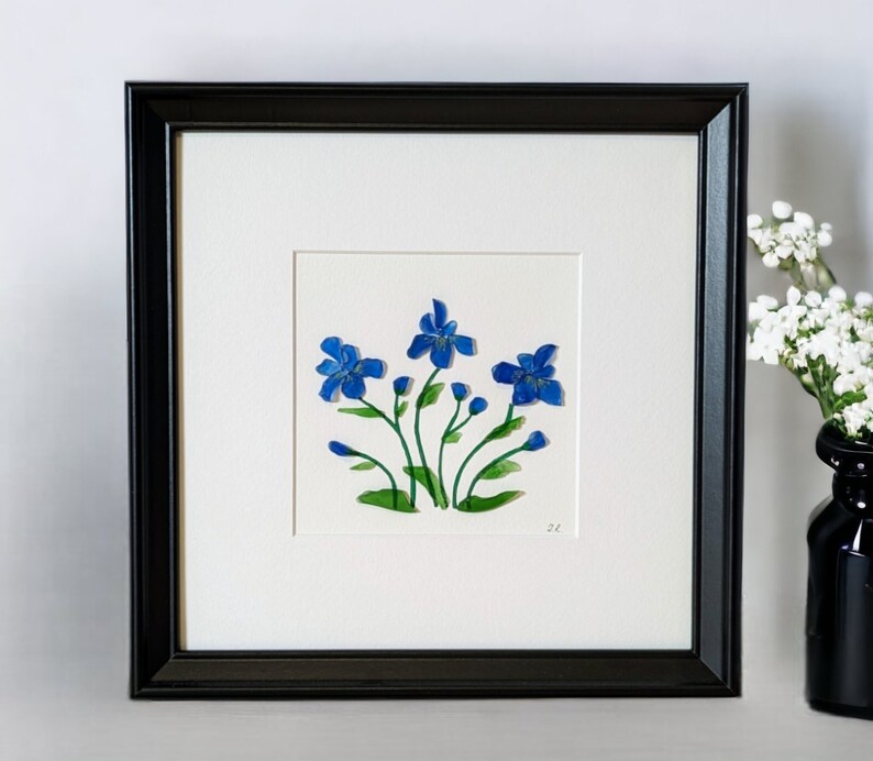 Personalised Pebble Art Flowers Irises Sea Glass Flowers Sea Glass Picture Birthday Gift Wedding Gift Mother's Gift Anniversary Gift Framed image 1