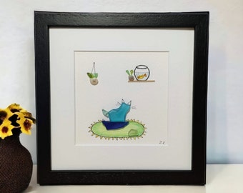 Pebble & Sea Glass Cat Art/ Lucky Cat With Fish Picture/ Cute Cat Memorial Gift Framed/ Cat Lover Wall Decor