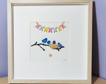 Personalised New Baby Sea Glass Picture Pebble Art Baby Pebble Art Family Sea Glass Birds New Baby Gift Family Gift Christening Gift Baptism