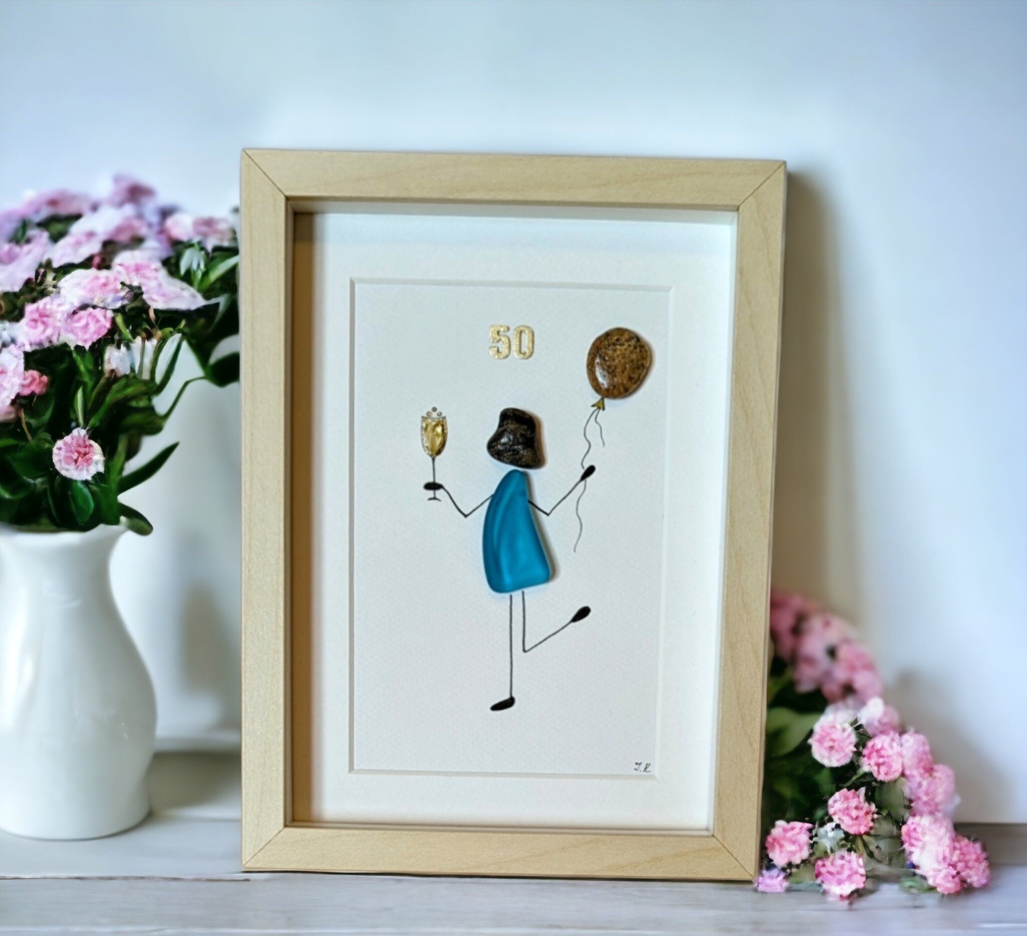 Sea Glass Pebble Art 50th Birthday Picture/ Personalized Any Age Stone Art Birthday Gift For Her/ Perfect Happy Birthday Gift For Friend