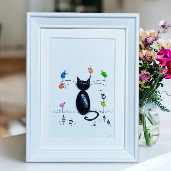 Pebble Cute Black Cat with Rainbow Birds/ Pebble Art Pictures/ Frame 5x7 Handmade Cat Gifts/Unique Cat Decor For Home