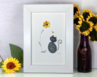 Sea Glass Pebble Cat Frame Art Gift| Unique Pebble Pet Cat Picture Gift For Cat Lover| Handmade Cat Ornament Decor For Home