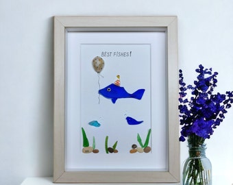 Pebble Art & Sea Glass "BEST FISHES" Birthday Picture/ Unique, Framed, Handmade Personal Birthday Gift for Her, Him