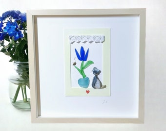 Cat Pebble Art Picture, Cat, Cat Memorial, Personalised Cat Gift, Cat and Bird, Pebble & Sea Glass Art