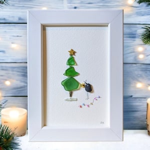 Sea Glass Christmas Tree Gift, Pebble & Sea Glass Art Christmas Tree Picture Frame, Sea Glass Art Christmas Ornament, Unique Christmas Decor