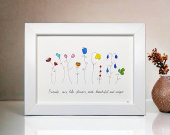 Sea Glass Pebble Art Friend Gift/ Framed Flowers Beach Glass Art Picture/ Unique Seaglass Present For Birthday/ Best Friend Friendship Gift