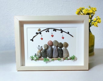 Personalized Family Pebble Art Picture Family of 5+ with Cats or Dogs Family Gift Grandparents Gift Parents Gift Birthday Christmas Gift