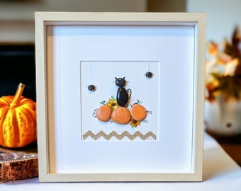 Pebble Art Pumpkins With Cat Funny Halloween Gift/ Cute Handmade Halloween Home Decor/ Framed Fall Halloween Wall Art