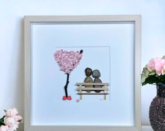 Pebble Couple Sat On A Bench/ Pebble Art Couples Picture/ Unique, Frame, Handmade Wedding Anniversary Gifts