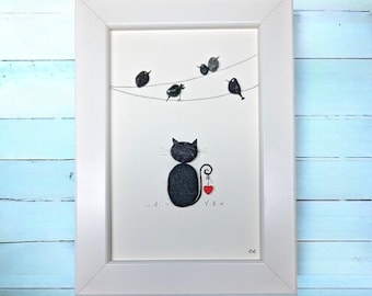 Handmade Pebble Art "Cat and Birds on Wires" Picture - Framed Animal Stone Art - Unique Cat and Bird Lover Gift - Rustic Cat Wall Decor