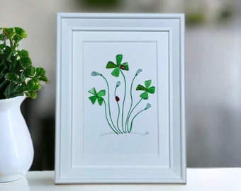 Sea Glass Art Four Leaf Clover Picture - Pebble & Beach Glass Art - Unique, Framed, Handmade Friend Gift - Irish Shamrock Wall Art