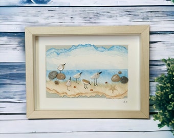 Uccelli di arte di ciottoli Immagine di gabbiani di arte di ciottoli Uccelli di mare sulla spiaggia Famiglia di uccelli Paesaggio marino di ciottoli Arte di spiaggia Spiaggia Uccelli di mare Immagine incorniciata