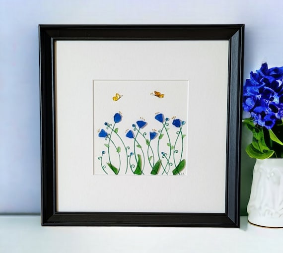Pebble Art, Sea Glass Art,  Flowers Sea Glass, Personalised Mother's Day Gift, Birthday Gift, Retirement Gift, Gift For Mom, Bespoke Gift