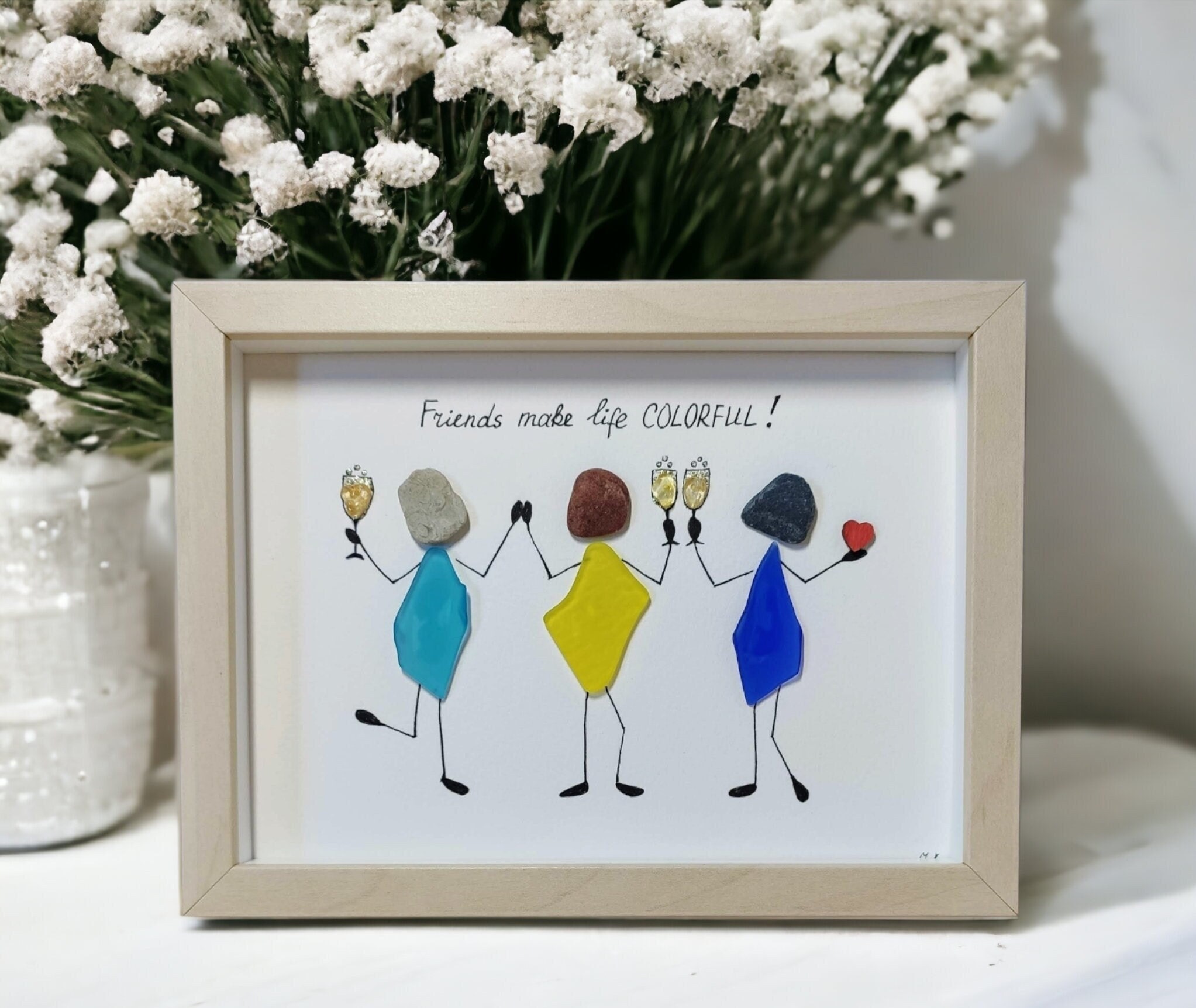 Sea Glass Pebble Art Best Friends Friendship Picture - Framed