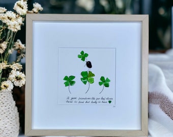 Friends Are Like Four Leaf Clovers - Framed Beach Art & Sea Glass Clover Picture - Unique, Handmade Pebble Artwork Good Friends Gift