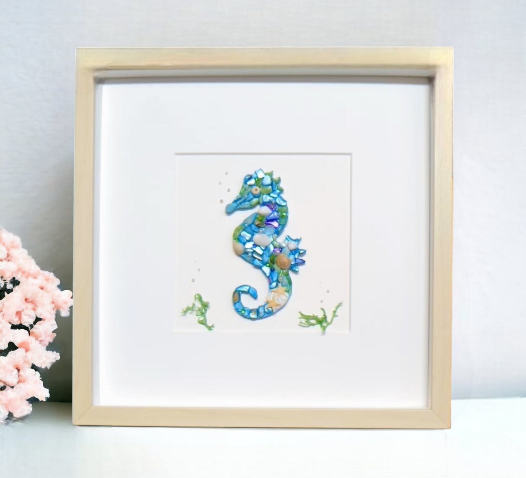 Seashell Seahorse Wall Decor Picture, Framed Nautical Sea Horse Wall