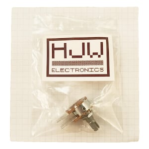 May include: A potentiometer component in a clear plastic bag. The bag has a white label with the text "HJW ELECTRONICS" in brown block letters. The potentiometer has a metal body with three pins and a notched shaft.