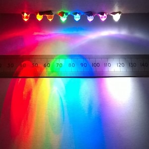 Op de afbeelding: Een liniaal met markeringen van 10 tot 150 is geplaatst onder een reeks gekleurde lampen. De lampen werpen een regenboogspectrum op het oppervlak eronder.