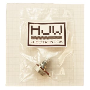 May include: A clear plastic bag containing an electronic component. The component is silver with a textured knob and red wires. The bag has a label with the text "HUW ELECTRONICS" in a black and white design.