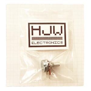 May include: A potentiometer component in a clear plastic bag. The bag has a white label with the text "HJW ELECTRONICS" in a black font. The potentiometer is silver with a threaded shaft and three red terminals.