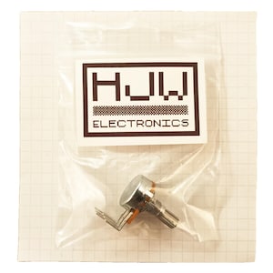 May include: A potentiometer component in a clear plastic bag. The component is silver with a brown and orange section. The bag has a white label with the text "HJW ELECTRONICS" in a black, blocky font.