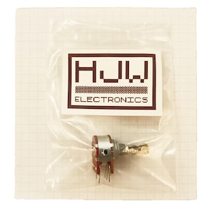 May include: A small electronic component, a potentiometer, is visible inside a clear plastic bag. The component has a red base, silver body, and a gold-colored shaft. The bag has a label with the text "HWJ ELECTRONICS".