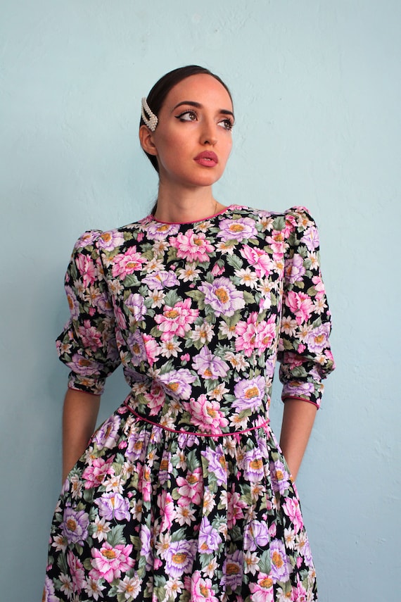 Vintage 1980s Lanz Floral Dress with Puff Sleeves