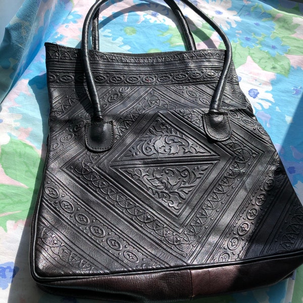 Vintage 70s Black Genuine Tooled 100% Leather Tote Purse Bag by Moroccan Magic, Bohemian Hippie Intricate Carved Design, Made in India