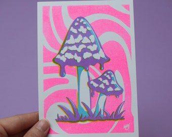 Magpie Inkcap A6 Risograph Mini Art Print Postcard Psychedelic Mushroom Fungi