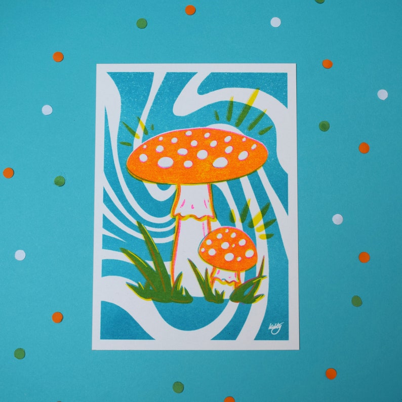 Fly Agaric A6 Risograph Mini Art Print Postcard Psychedelic Mushroom Fungi image 1
