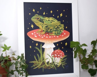 A4 Magic Frog on Fly Agaric Mushroom Illustrated Art Print