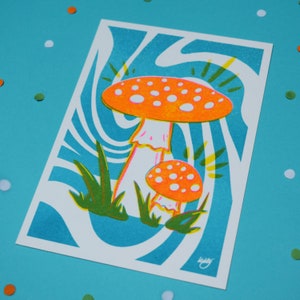 Fly Agaric A6 Risograph Mini Art Print Postcard Psychedelic Mushroom Fungi image 4
