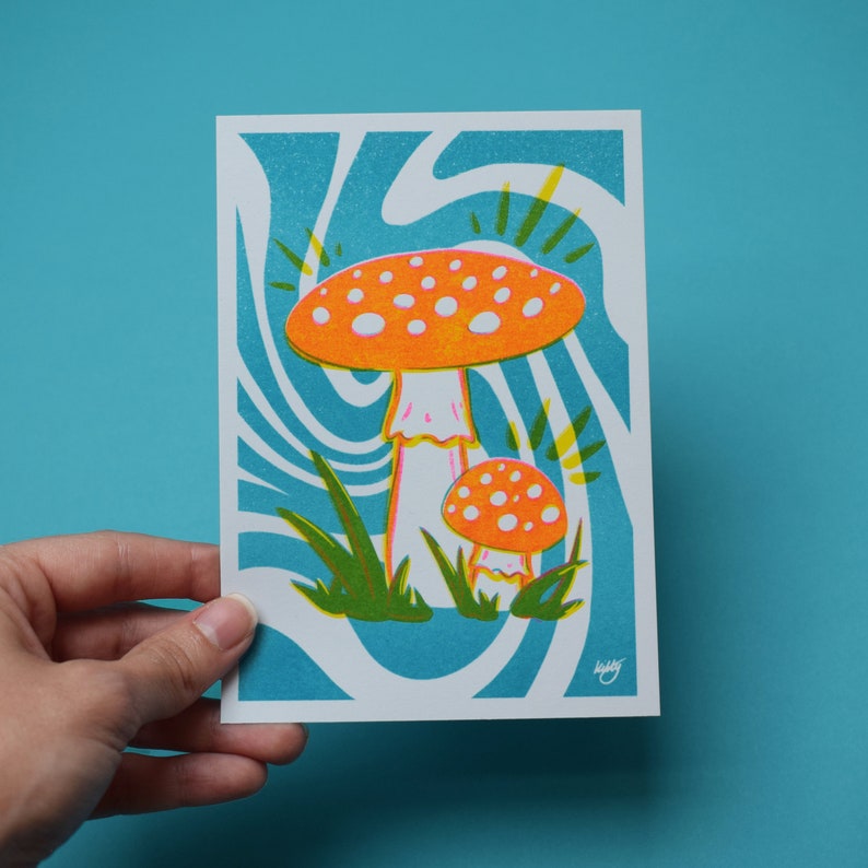 Fly Agaric A6 Risograph Mini Art Print Postcard Psychedelic Mushroom Fungi image 3