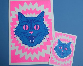 Hypnotic Cat A4 A6 Risograph Mini Art Print Postcard Psychedelic