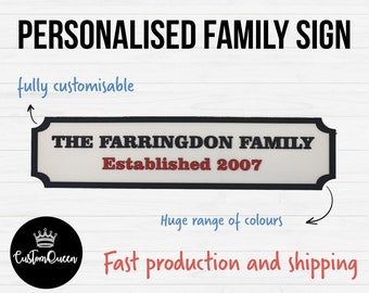 May include: A white sign with black trim and rounded corners. The sign reads "The Farringdon Family Established 2007". The sign is a personalized family sign that is fully customizable.