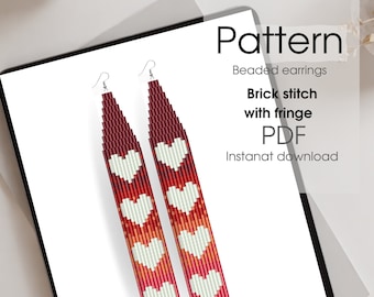 Valentines day pattern bead fringe earrings, heart pattern, brick stitch, DIY earrings project, PDF