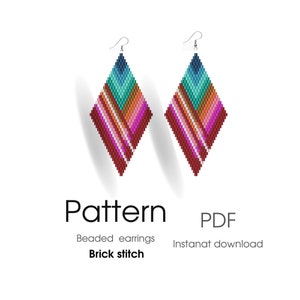 May include: A digital pattern for beaded earrings in a diamond shape. The earrings are made with brick stitch and feature a colourful design with shades of red, pink, orange, green, and blue. The pattern is available as an instant download in PDF format.