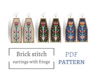 Earrings pattern. Brick stitch pattern. Beaded earrings with fringe. Floral pattern earrings DIY. Folk pattern. Botanic\flowers\plants