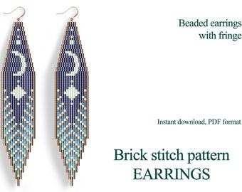 Brick stitch pattern gor beaded earrings.  Fringe earrings DIY. Seed bead pattern. Moon pattern. Pattern for beading.