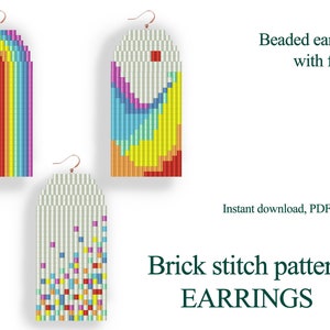 May include: Three beaded earring patterns in brick stitch. The first pattern is a rainbow arch, the second is a colorful abstract design, and the third is a white background with colorful squares. The text "Beaded earrings with fringe" and "Brick stitch pattern EARRINGS" is also included in the image.