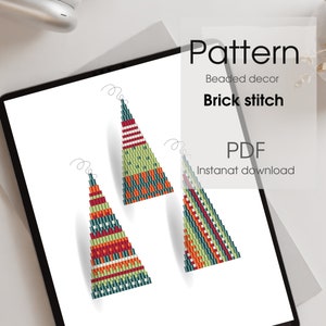 May include: A digital download pattern for beaded Christmas tree ornaments. The pattern is for brick stitch and includes three different designs with red, green, blue, and yellow colors. The text on the image reads "Pattern Beaded decor Brick stitch PDF Instant download".
